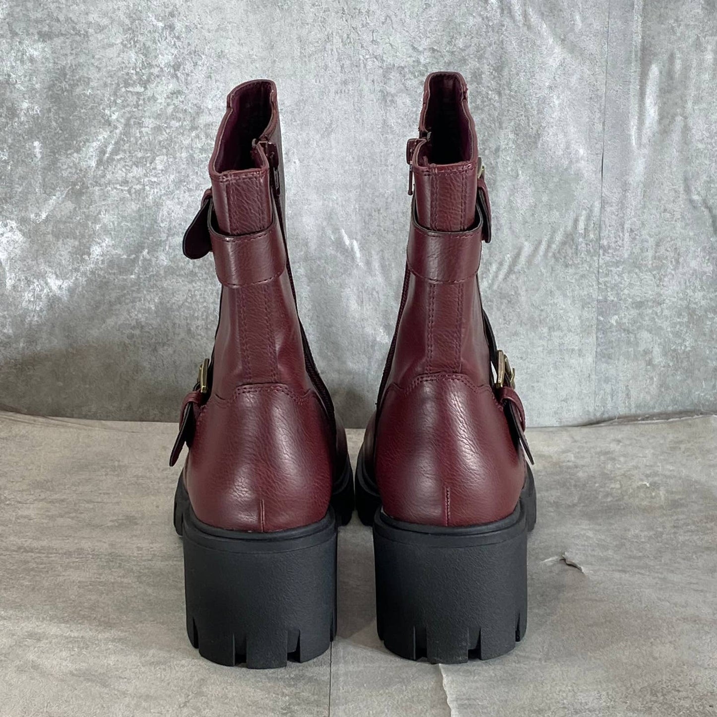 SUN+STONE Women's Wine Smooth Lionell Lug-Sole Block-Heel Moto Boots SZ 11