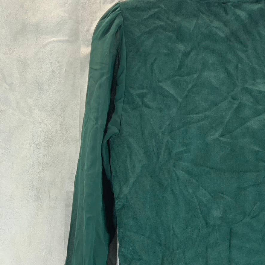 INC INTERNATIONAL Women's Dark Green Mock-Neck Cutout Long Puff Sleeve Top SZ S