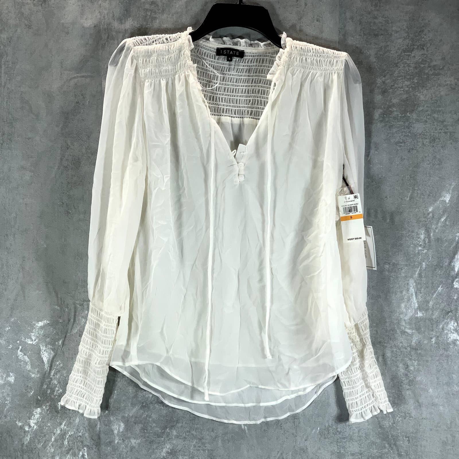 1.STATE Women's Soft Ecru Sheer Smocked Tie V-Neck Long-Sleeve Top SZ S