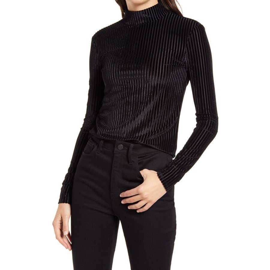 CHELSEA28 Black Velour Stripe Velvet Mock Neck Long Sleeve Top SZ XXS