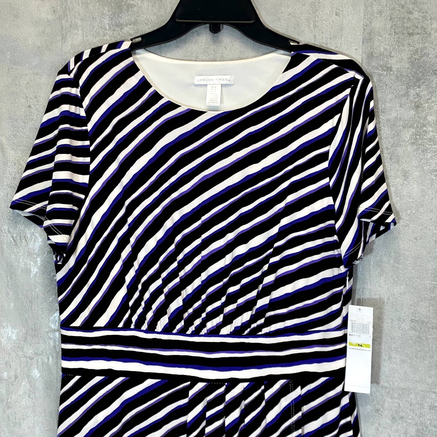 LONDON TIMES Women's Open Blue Techno Stripe Short Sleeve Jersey Sheath Dress SZ 14