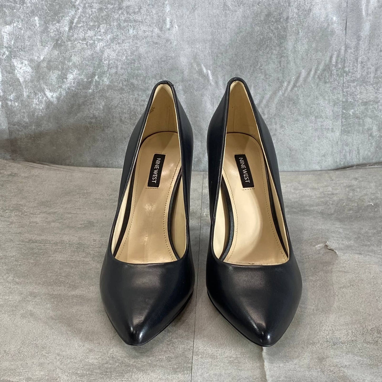 NINE WEST Women's Black Leather Flax Pointed-Toe Stiletto Dress Pumps SZ 9.5