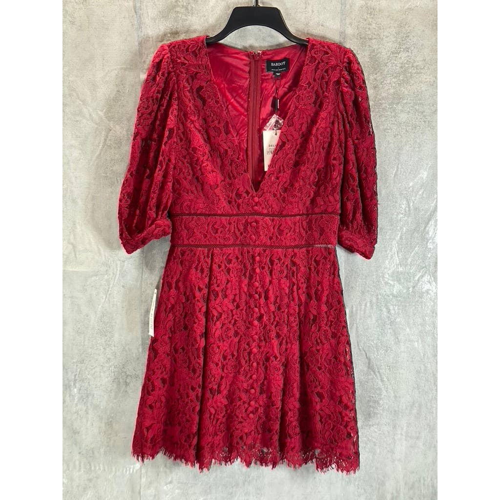 BARDOT Women's Crimson Red Kira Lace Button-Detail V-Neck Fit & Flare Mini Dress