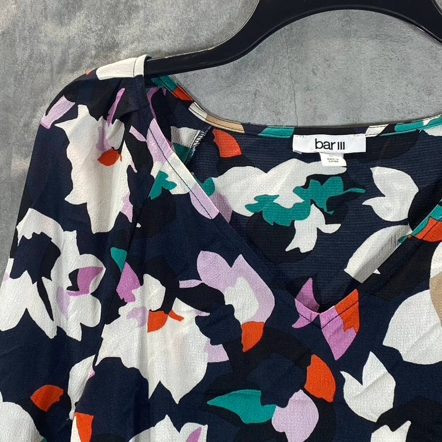 BAR III Women' Bar Navy Combo Printed V-Neck Bell Long-Sleeve Top SZ M