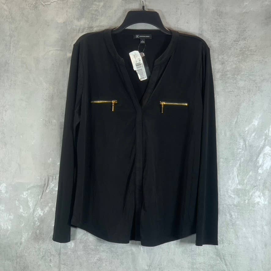 INC INTERNATIONAL CONCEPTS Women's Deep Black V-Neck Zip-Pocket Long-Sleeve Top