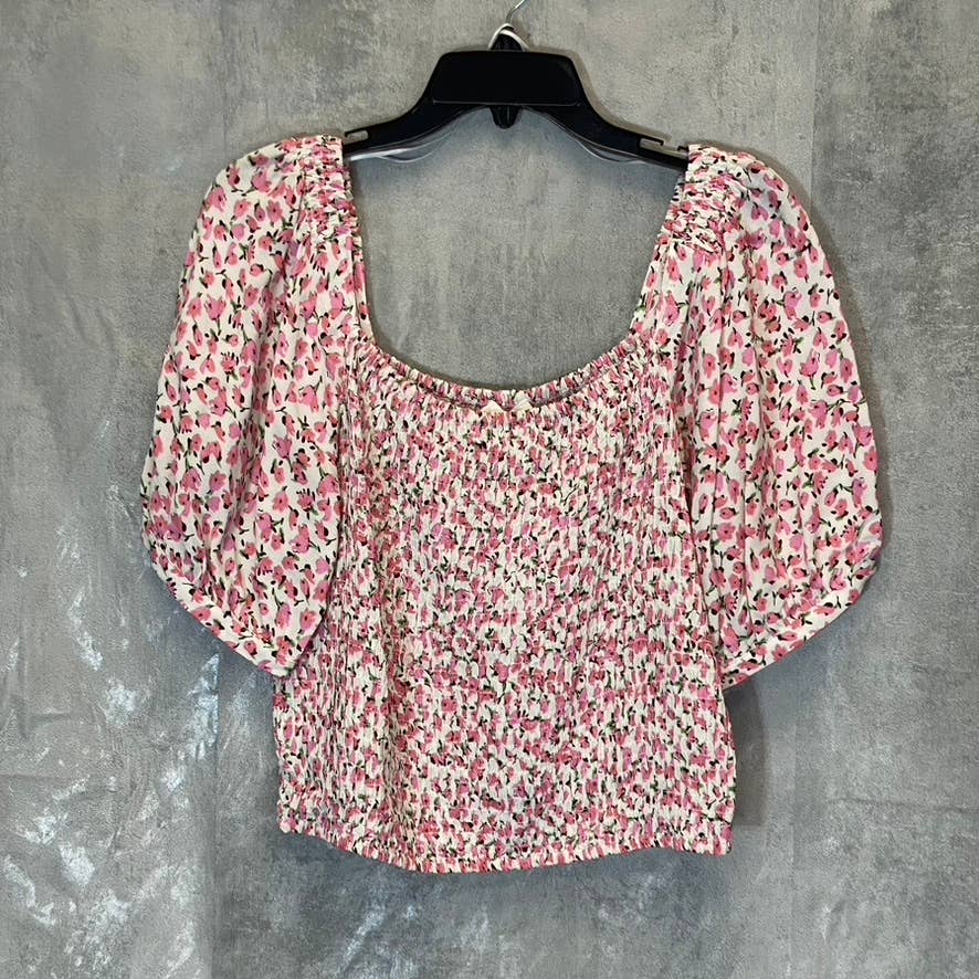 SOPHIE RUE Women's Pink Floral Print Shirred Blouse Puffy Sleeve Top SZ XL