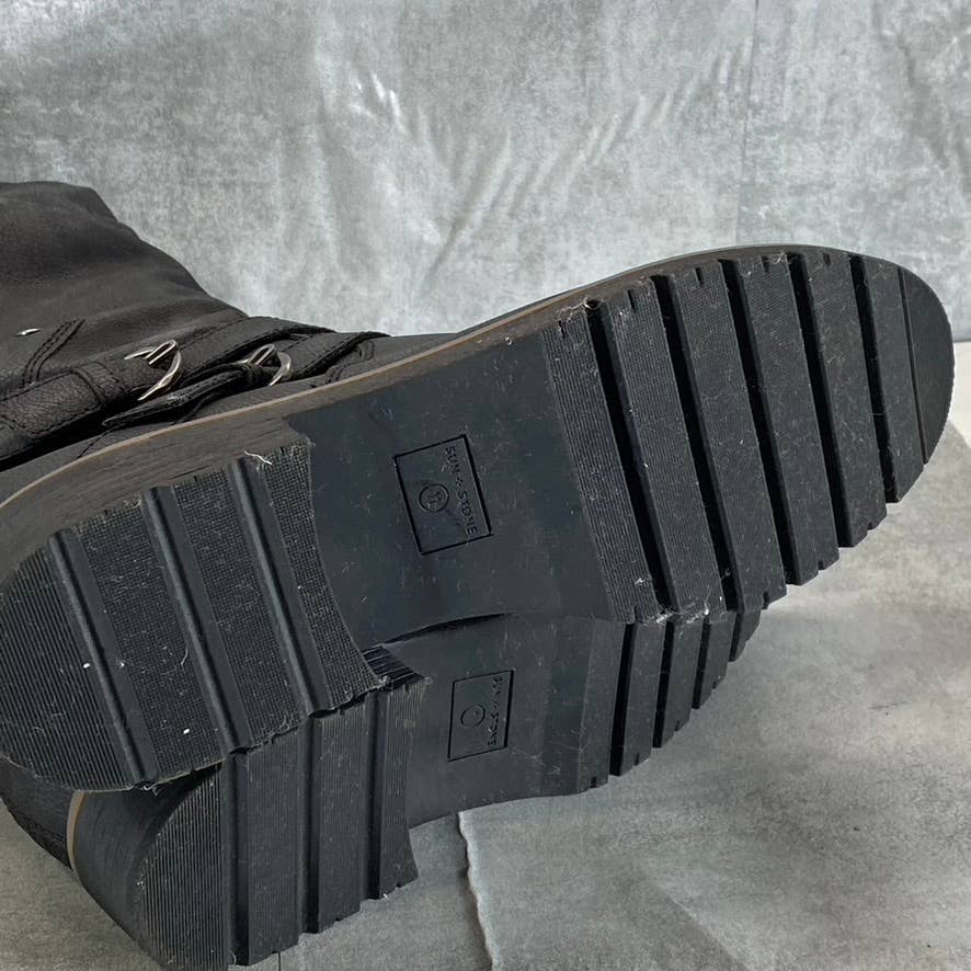 SUN+STONE Women's Black Brinley Strapped Lug-Sole Tall Boots SZ 11