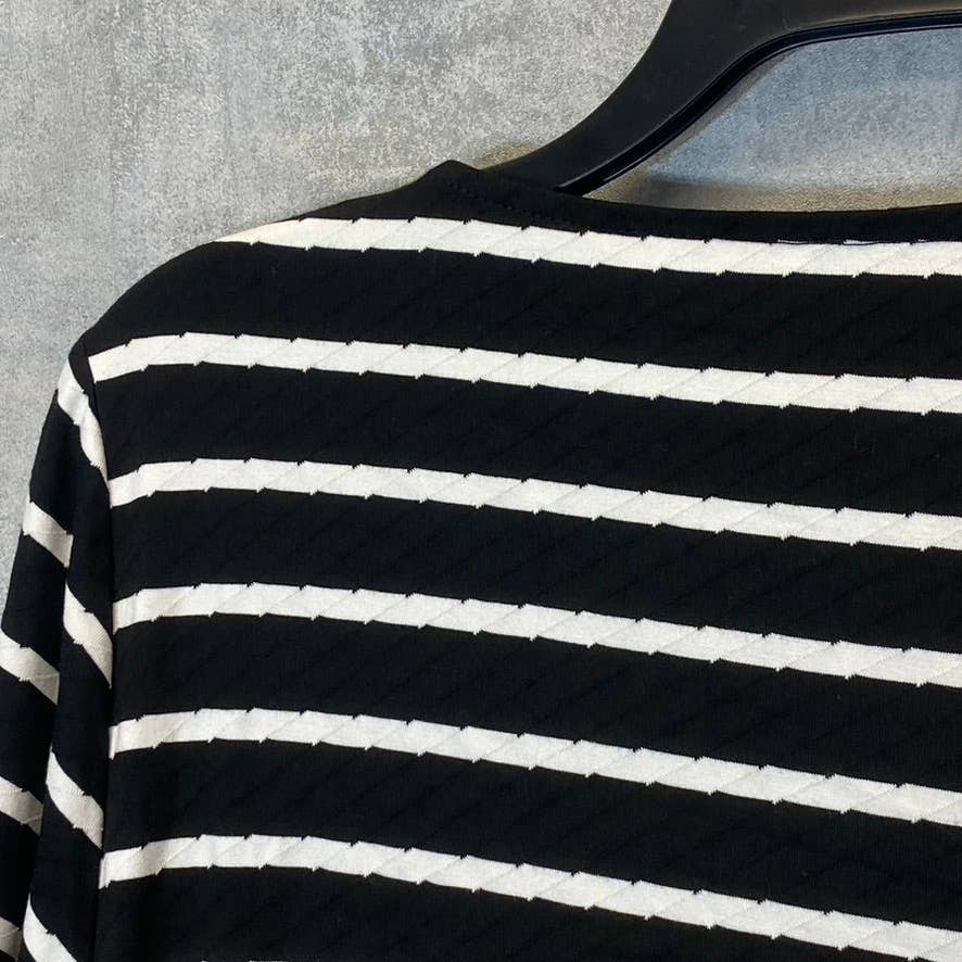 VINCE CAMUTO Women's Rich Black Striped 3/4 Sleeve Boatneck Sheer Hem Top SZ M