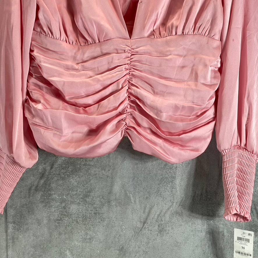 BAR III Women's Cupid Blush V-Neck Ruched Smocked Cuff Long-Sleeve Blouse SZ 14