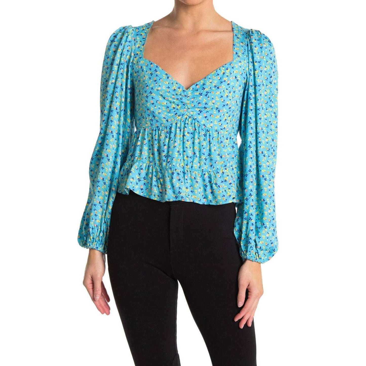 AFRM Women's Bright Blue Floral Print Soni Ruched Balloon Sleeve Crop Top SZ S