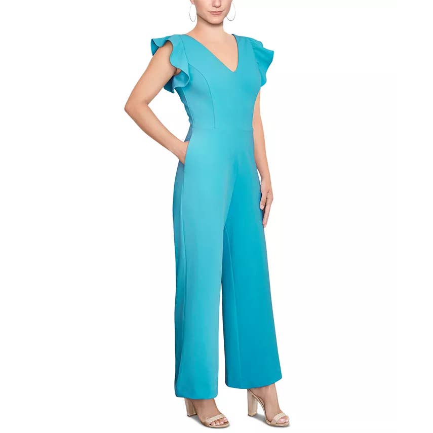 RACHEL RACHEL ROY Women's Shore Blue Ruffled-Sleeve Pocket Cropped Jumpsuit SZ L