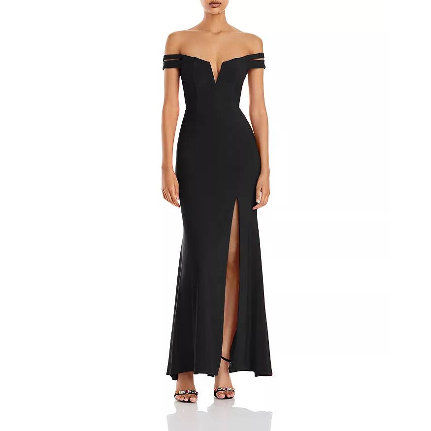 AQUA FORMAL Women's Black Off-The-Shoulder Notched Sweetheart Side-Slit Gown SZ6