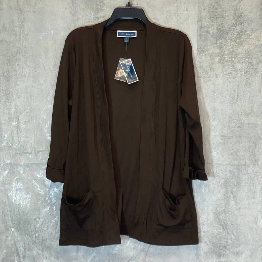 KAREN SCOTT Women's Chocolate 2-Pocket 3/4 Tab Sleeve Collarless Open Front Cardigan SZ M