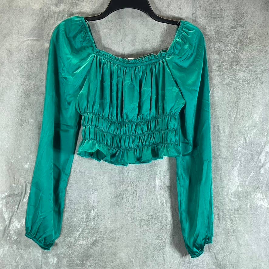 BAR III Women's Mid Green Satin Square-Neck Smocked Puff-Sleeve Top SZ XS