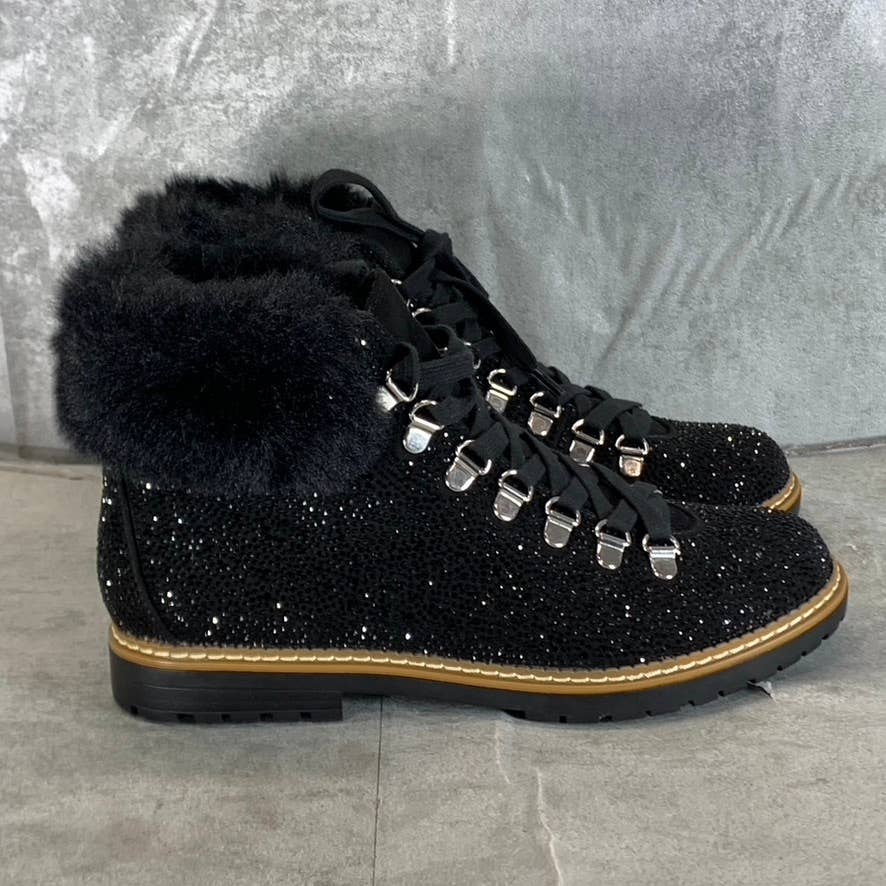 INC INTERNATIONAL Women's Black Pravale Bling Faux-Fur Lace-Up Hiker Boots SZ 8