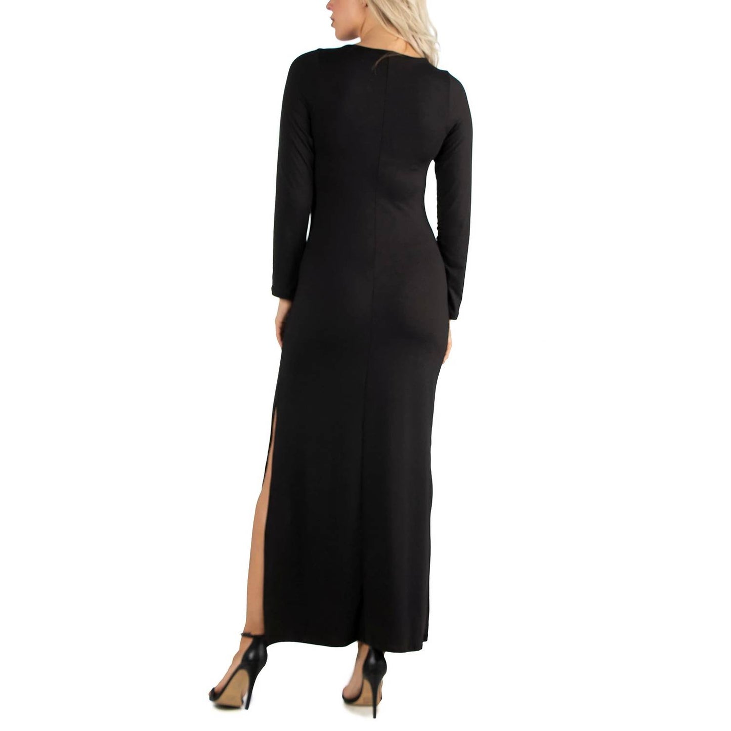 24SEVEN COMFORT APPAREL Solid Black Form Fitting Long Sleeve Side Slit Maxi Dress SZ S
