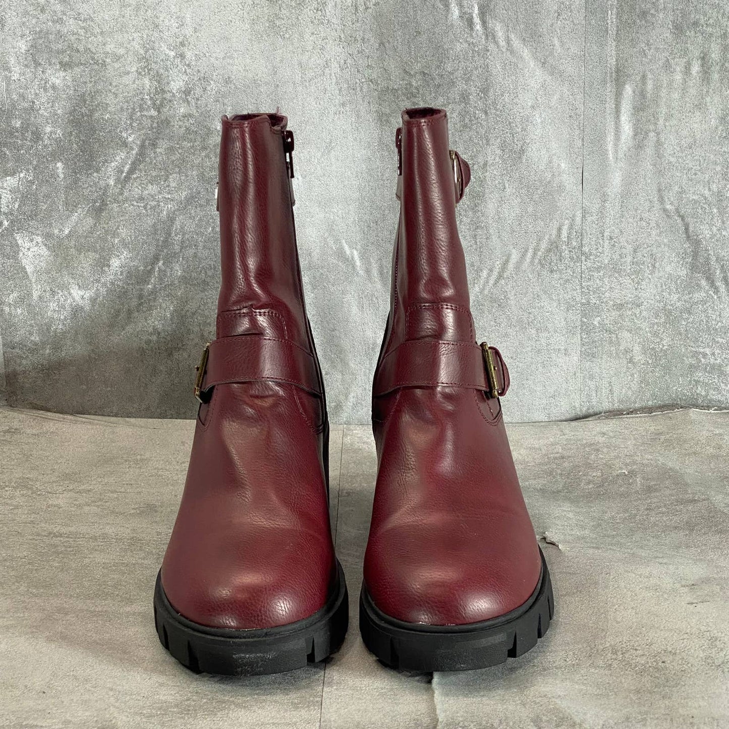 SUN+STONE Women's Wine Smooth Lionell Lug-Sole Block-Heel Moto Boots SZ 11