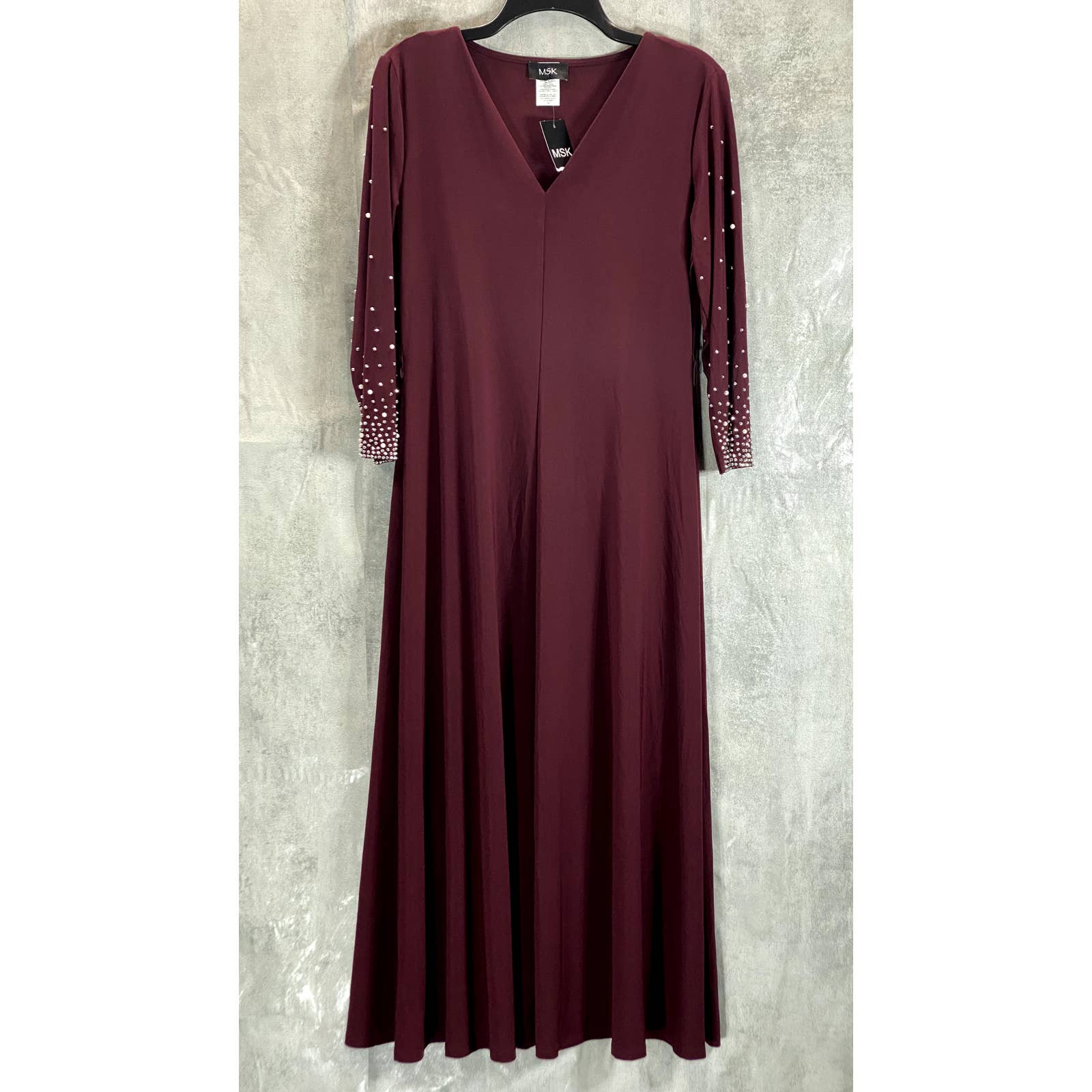 MSK Women's Burgundy V-Neck Rhinestone Embellished 3/4 Sleeve Midi Dress SZ M