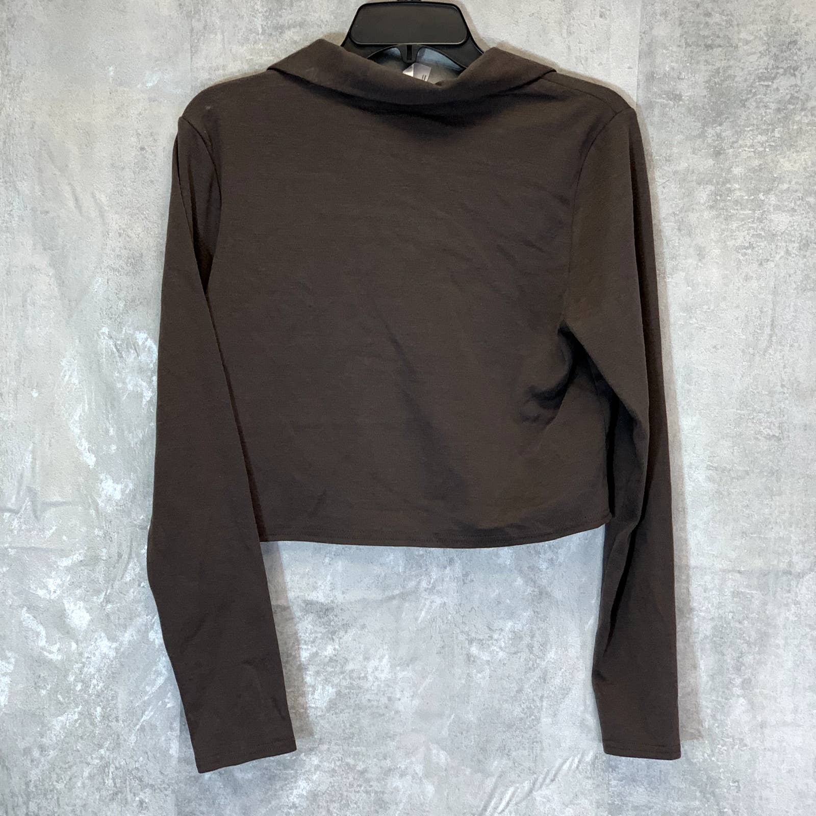 ABOUND Women's Gray Dark Charcoal Heather Button-Front Collared Long Sleeve Crop Top SZ L