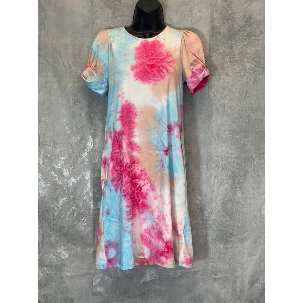 GOOD LUCK GEM Women's Sky/Pink Tie-Dye Puff Short Sleeve Mini Dress SZ S