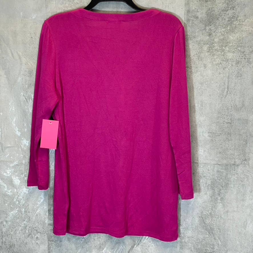 ISAAC MIZRAHI Women's Fuchsia Red Pima Cotton V-Neck 3/4 Sleeve Tunic Top SZ M