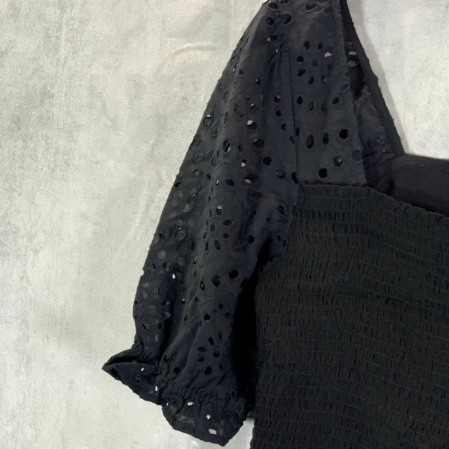 INC INTERNATIONAL CONCEPTS Deep Black Smocked Eyelet Sleeve Square Neck Top SZ L