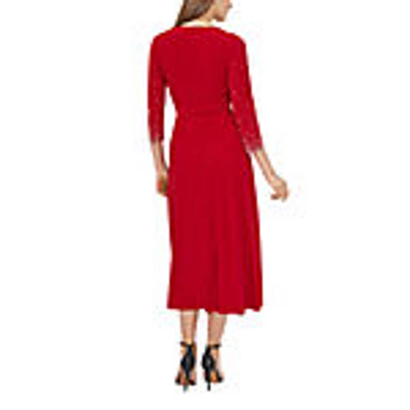 MSK Women's Burgundy V-Neck Rhinestone Embellished 3/4 Sleeve Midi Dress SZ M