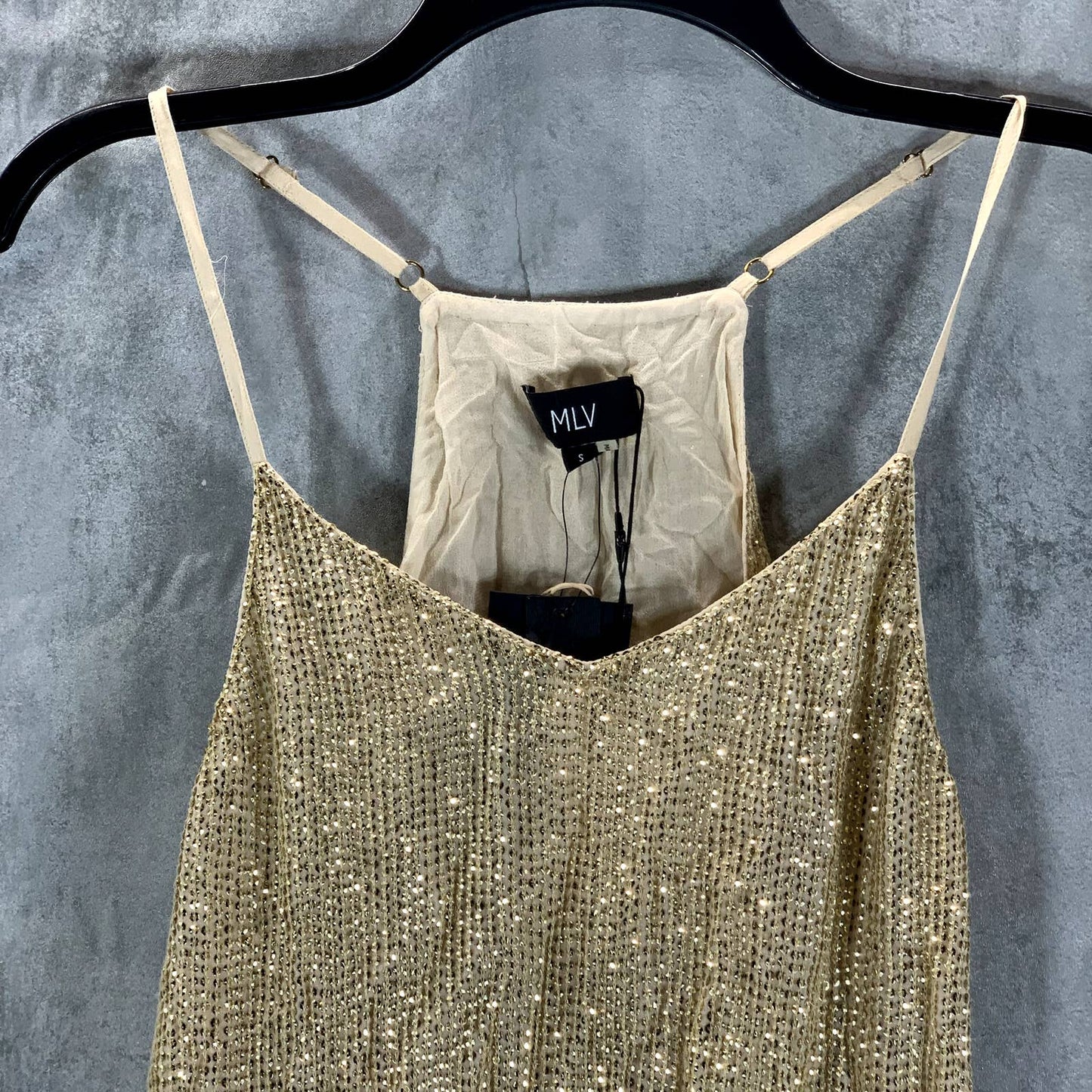 MLV Women's Gold Sequin Carmen V-Neck Adjustable-Straps Mini Dress SZ S