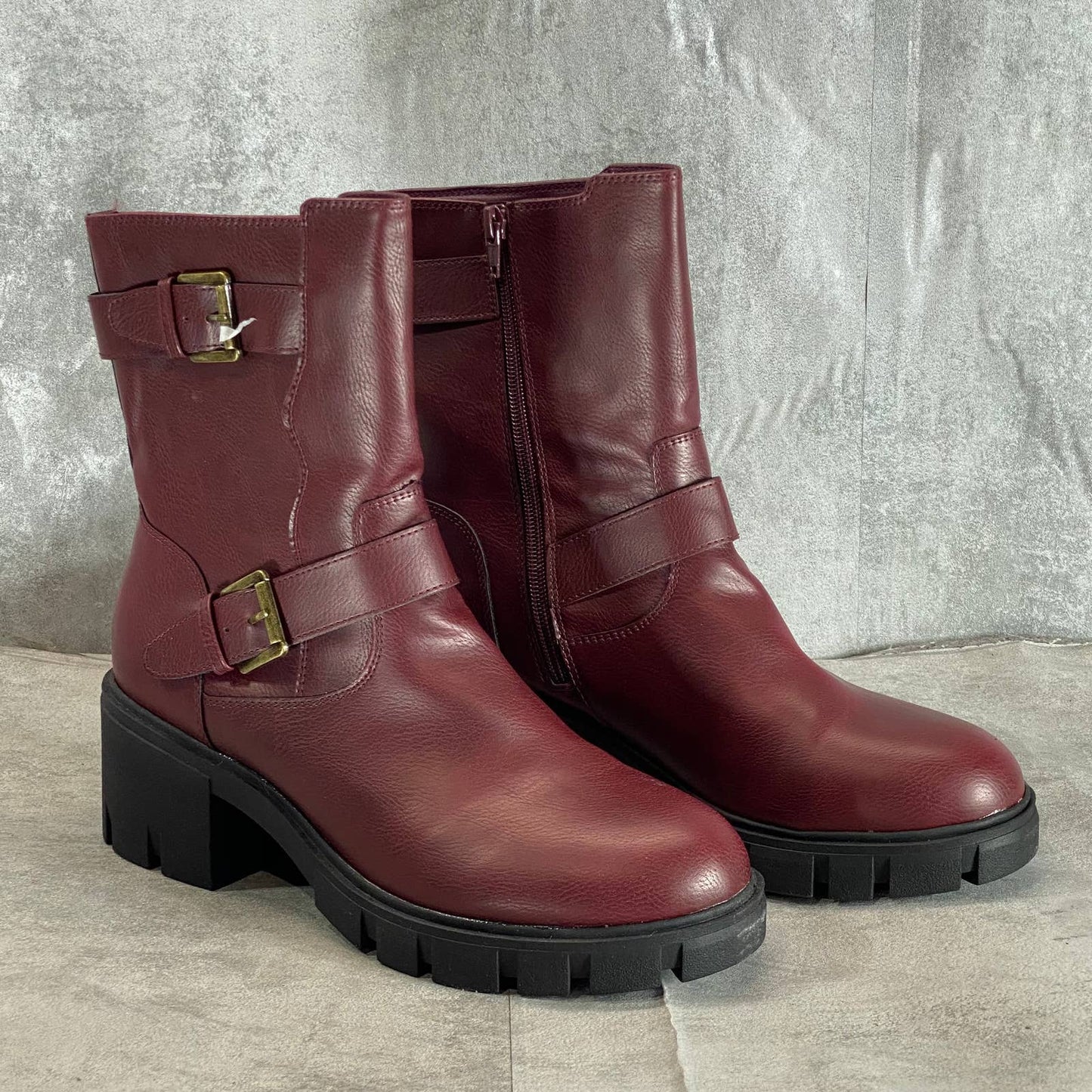 SUN+STONE Women's Wine Smooth Lionell Lug-Sole Block-Heel Moto Boots SZ 11