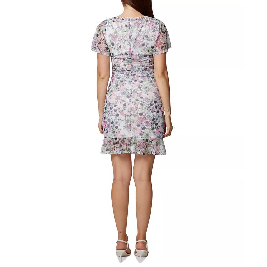 BCBGENERATION Women's Garden Printed Scoop-Neck Ruched Mesh Mini Dress SZ 14
