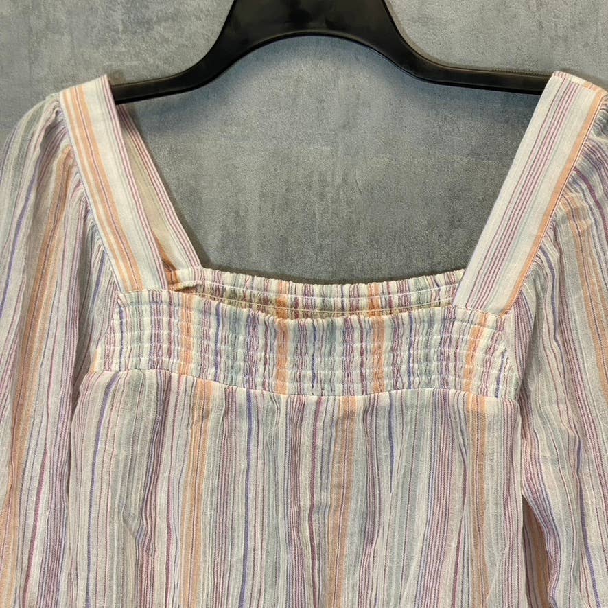 BCBGENERATION Women's Multi Square-Neck Smocked Long Sleeve Chiffon Top SZ S