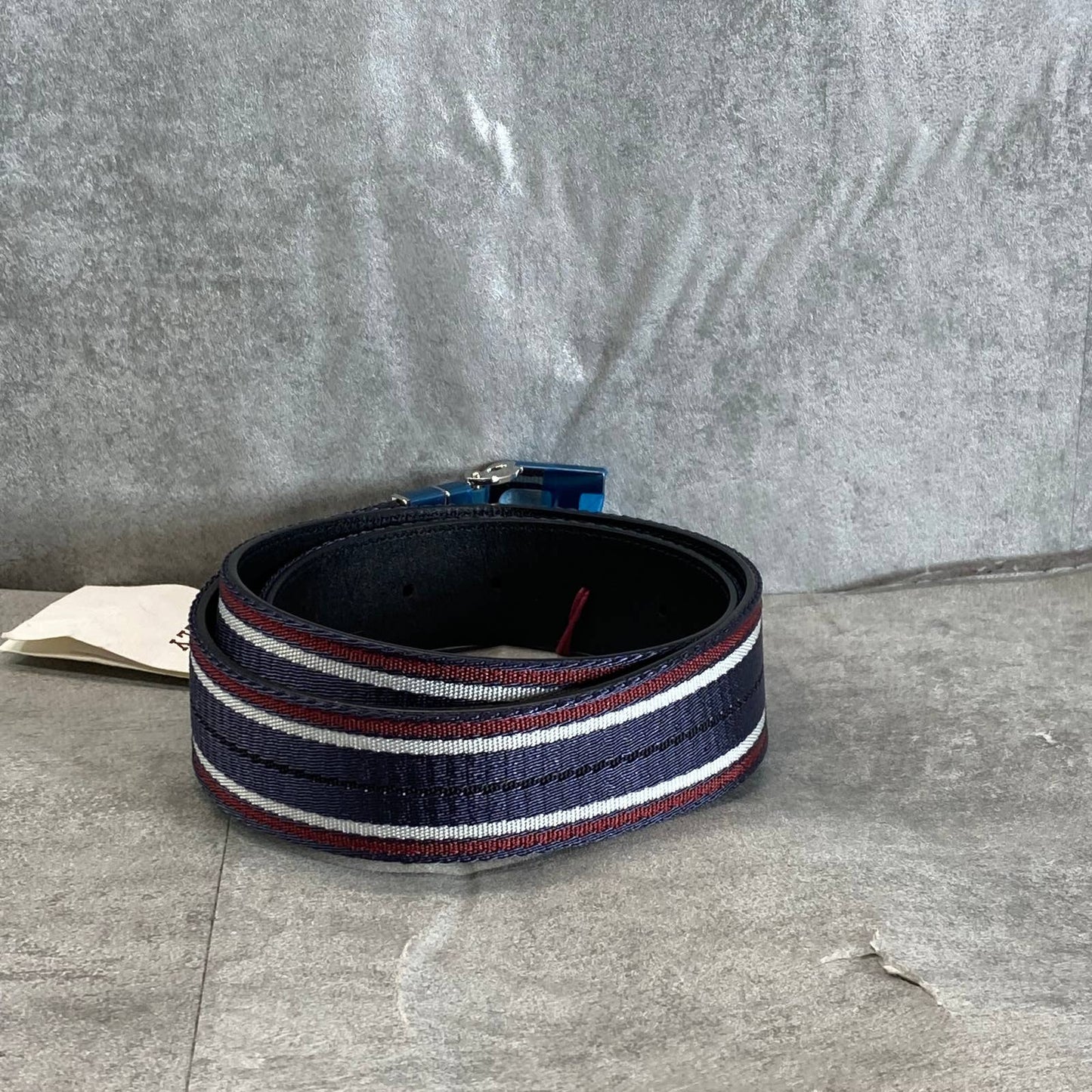 BALLY Men's Navy Striped Silver-Tone B-Buckle Fabric Belt SZ 85(XS)