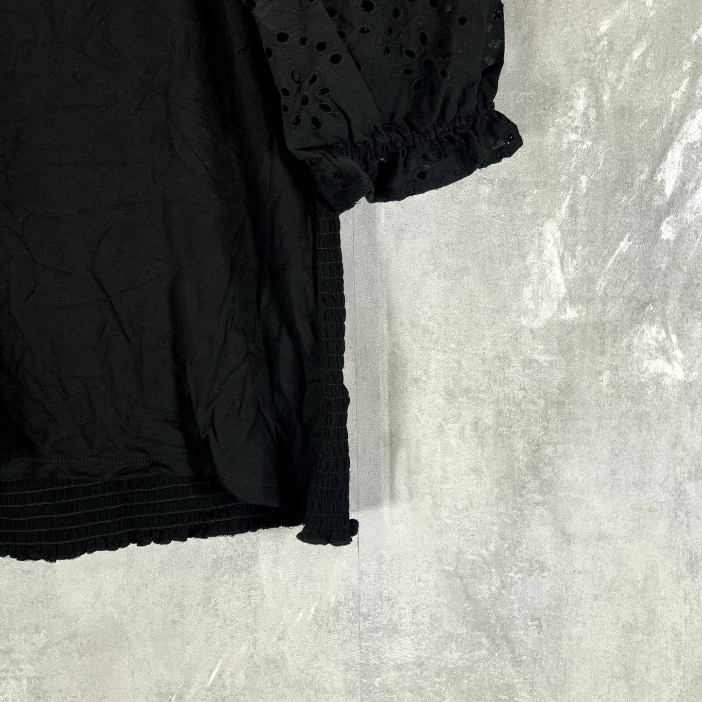 INC INTERNATIONAL CONCEPTS Deep Black Smocked Eyelet Sleeve Square Neck Top SZ L