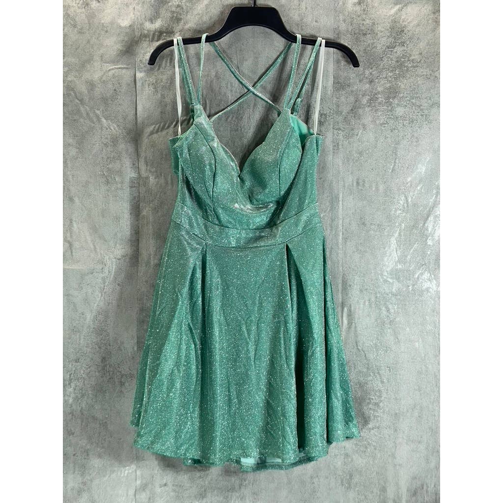 B. DARLIN Juniors' Mint Glitter Knit Sweetheart Neckline Pocketed Dress SZ 9/10