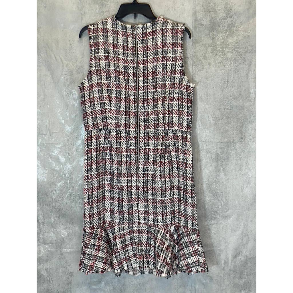 PLEIONE Women's Black/Red Tweed Printed Frayed Trim Sleeveless Mini Bodycon Dress SZ L