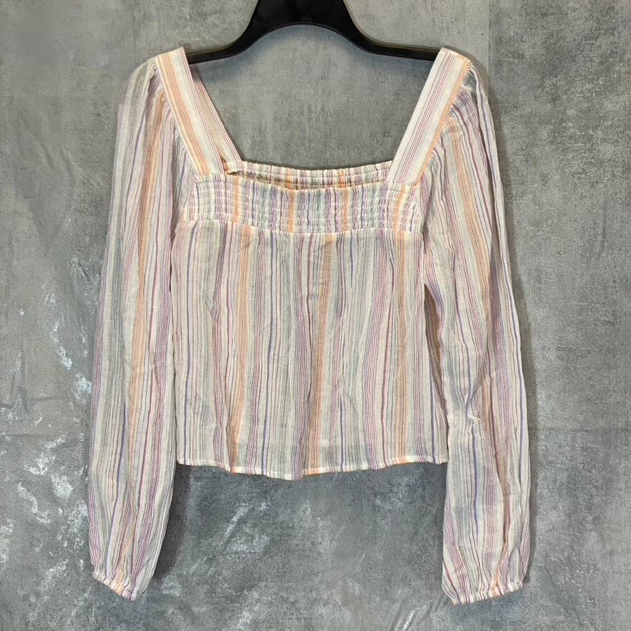 BCBGENERATION Women's Multi Square-Neck Smocked Long Sleeve Chiffon Top SZ S