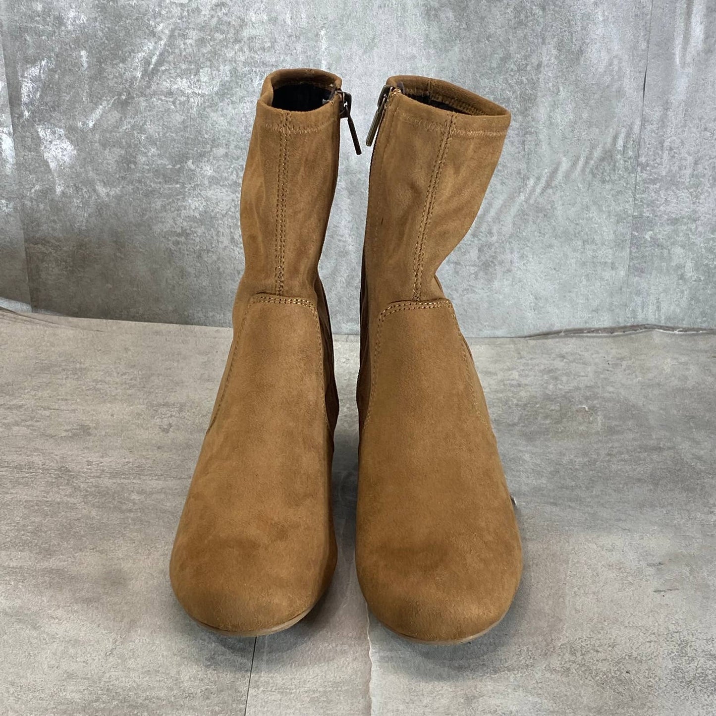 REACTION KENNETH COLE Women's Cognac Road Stretch Block-Heel Dress Booties SZ 7