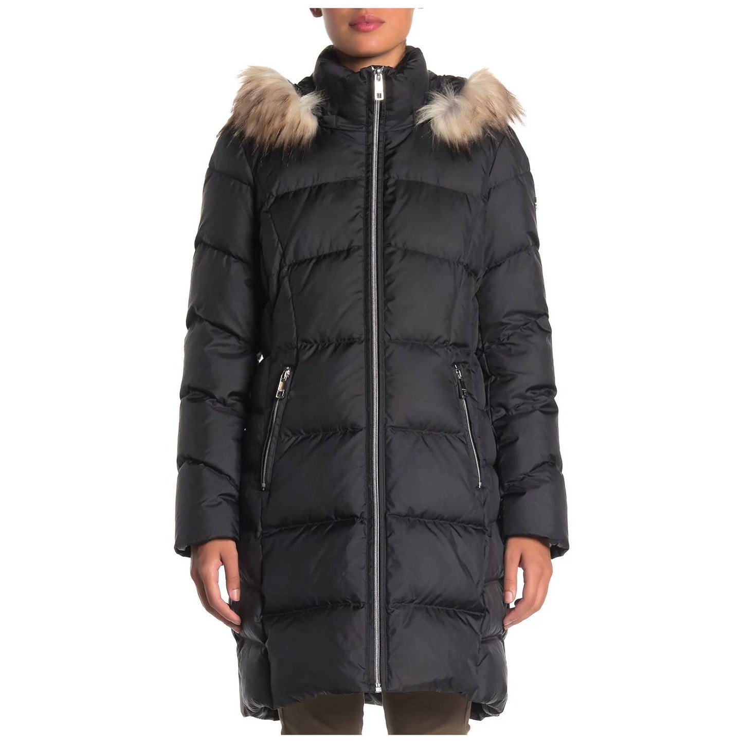 CALVIN KLEIN Solid Black Detachable Faux-Fur Hooded Full-Zip Puffer Jacket SZ S