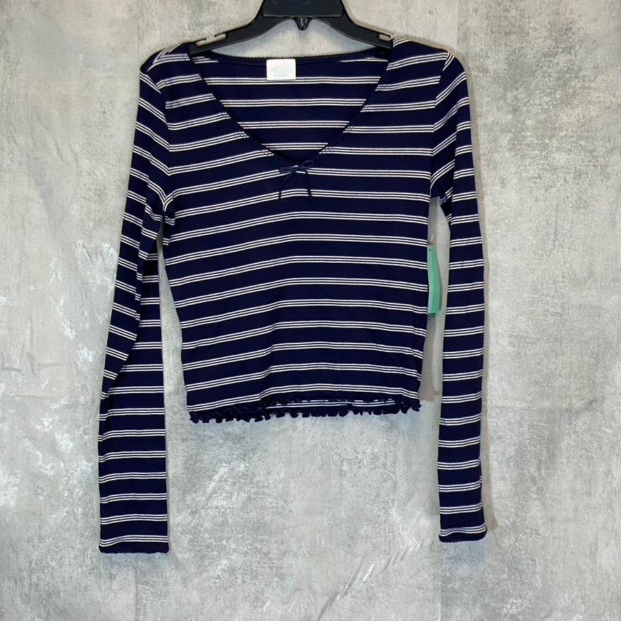 ABOUND Women's Navy Nantucket Stripe V-Neck Long Sleeve Lettuce Hem Top SZ M