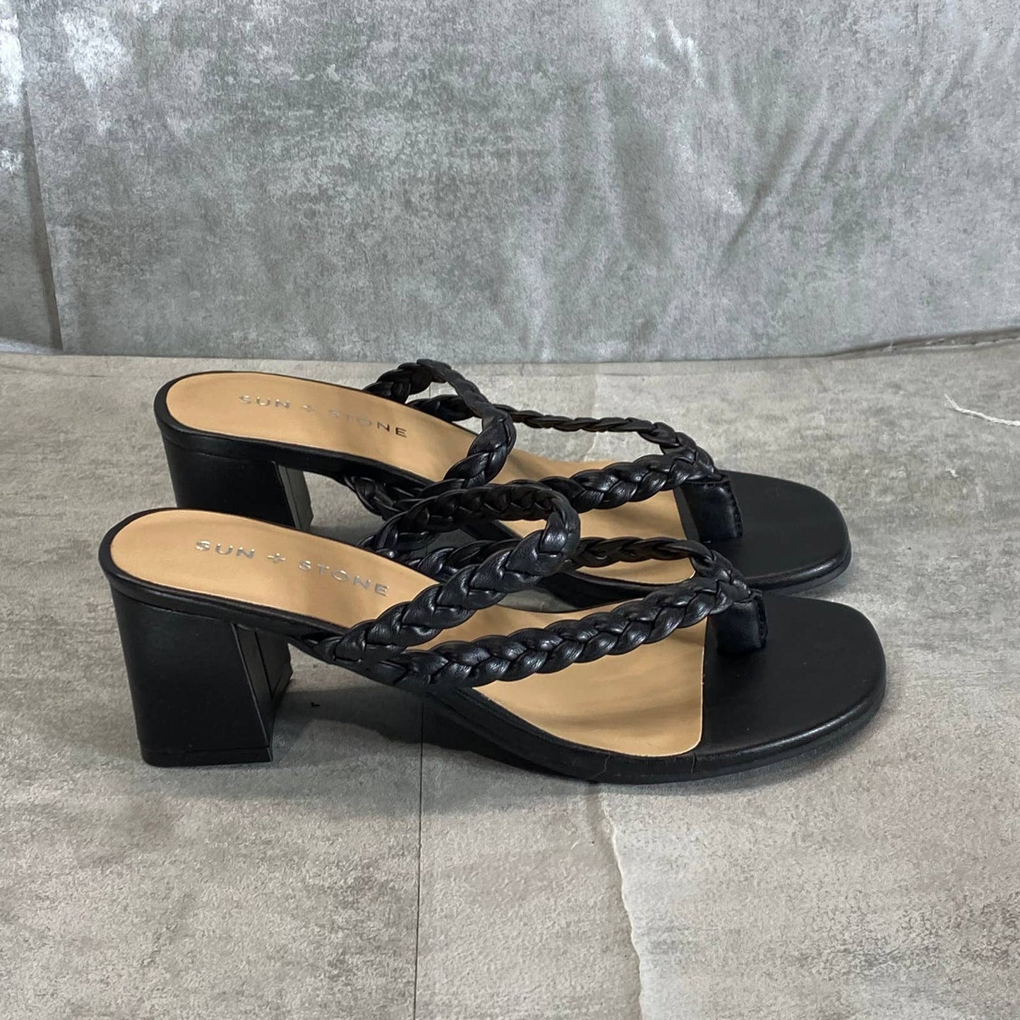 SUN+STONE Women's Black Wiinie Braided Round-Toe Block-Heel Dress Sandals SZ 6