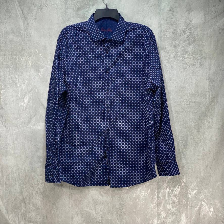 TASSO ELBA Navy Stretch Medallion Print Long Sleeve Dress Shirt SZ L