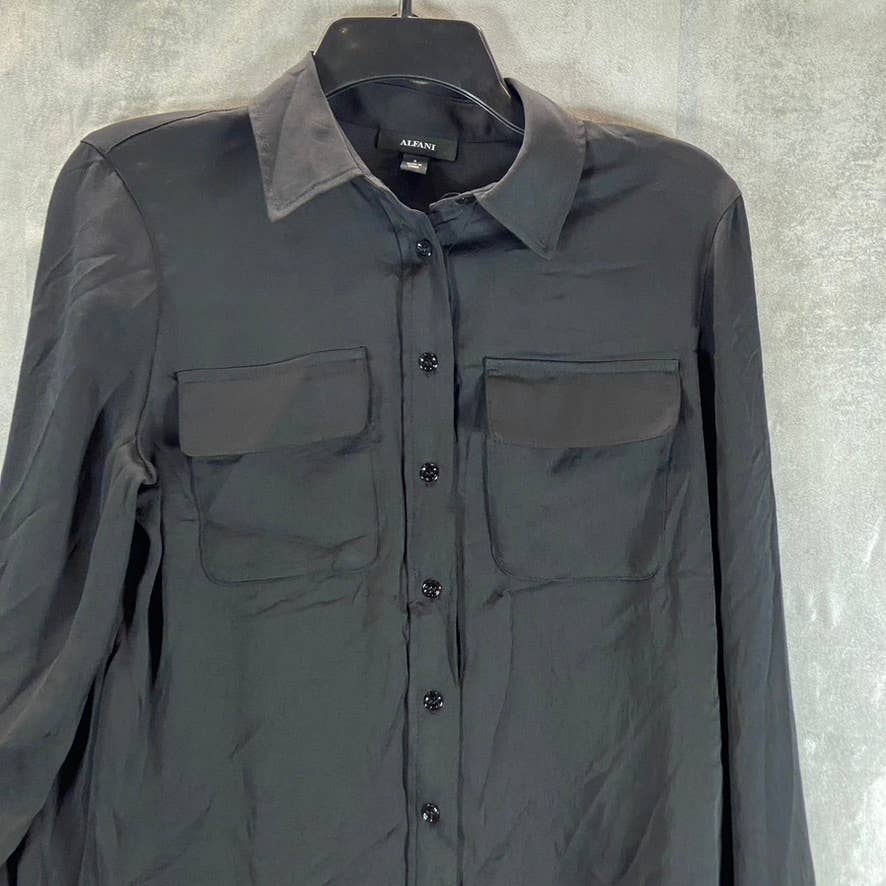 ALFANI Women's Black Button-Front Long-Sleeve Point-Collar Top SZ S