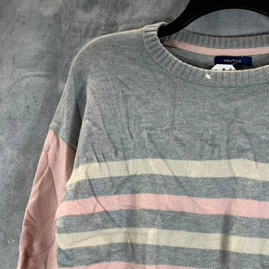 NAUTICA Women's Stormy Grey Heather Striped Colorblock Pullover Sweater SZ XS