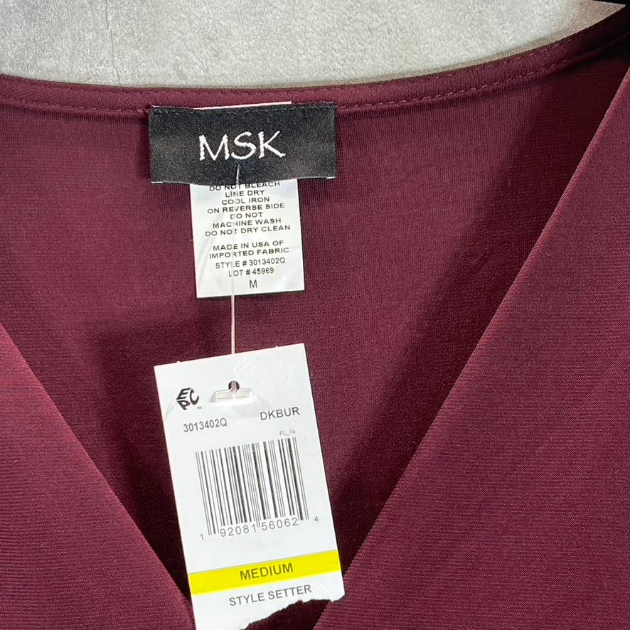 MSK Women's Burgundy V-Neck Rhinestone Embellished 3/4 Sleeve Midi Dress SZ M