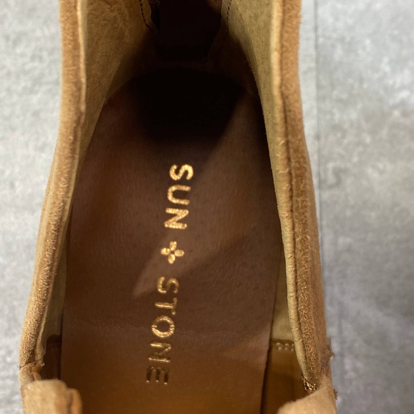 SUN+STONE Women's Tan Microsuede Elizaa Back-Zip Block-Heel Ankle Bootie SZ 10
