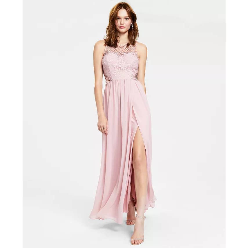 CITY STUDIO Juniors' Pink Scalloped Lace Embellished Illusion Tulip Gown SZ 11
