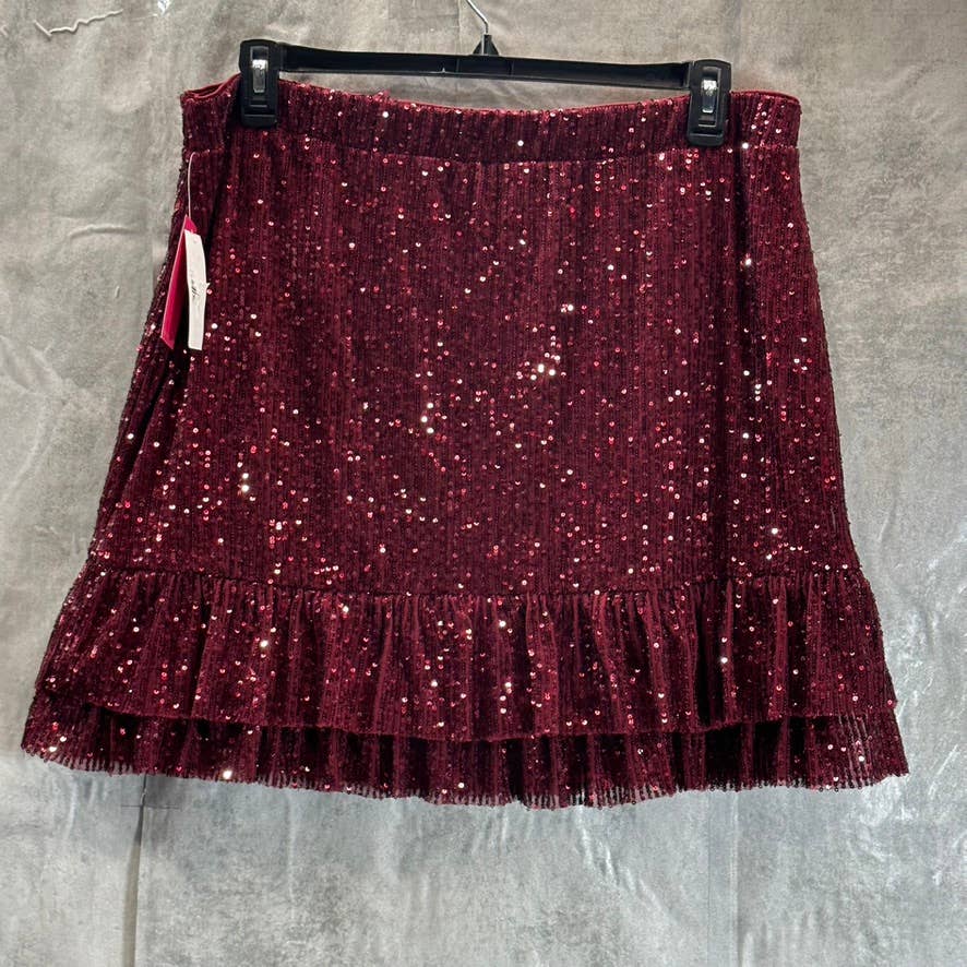 VINCE CAMUTO Women's Dark Wine Ruffled Sequin Embellished Mini Skirt SZ XL