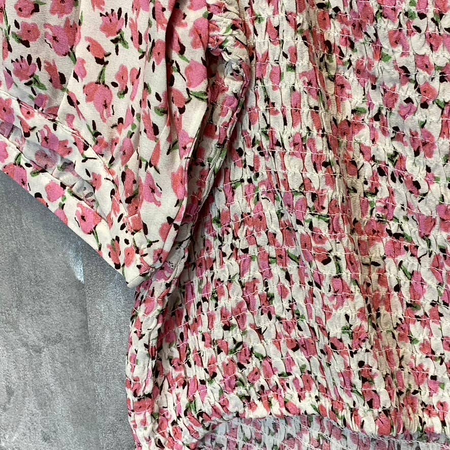 SOPHIE RUE Women's Pink Floral Print Shirred Blouse Puffy Sleeve Top SZ XL