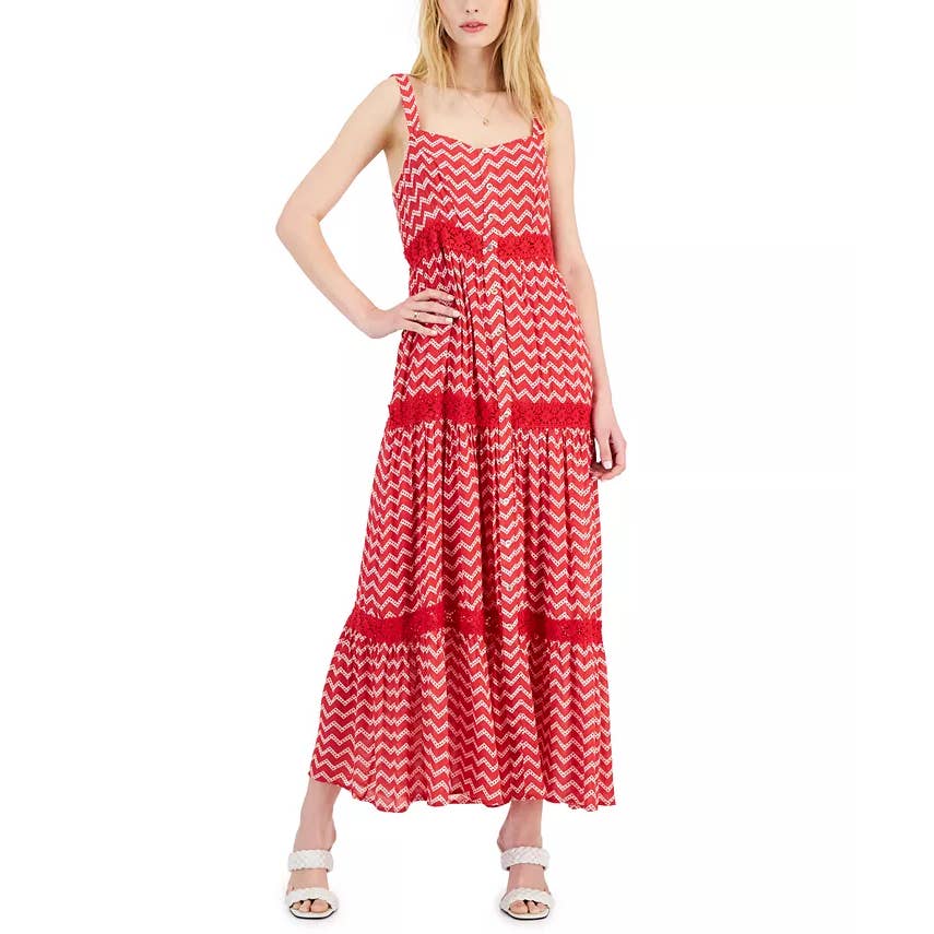 FEVER Women's Pointsietta Sweetheart Neckline Gauze Tiered Maxi Tank Dress SZ XL