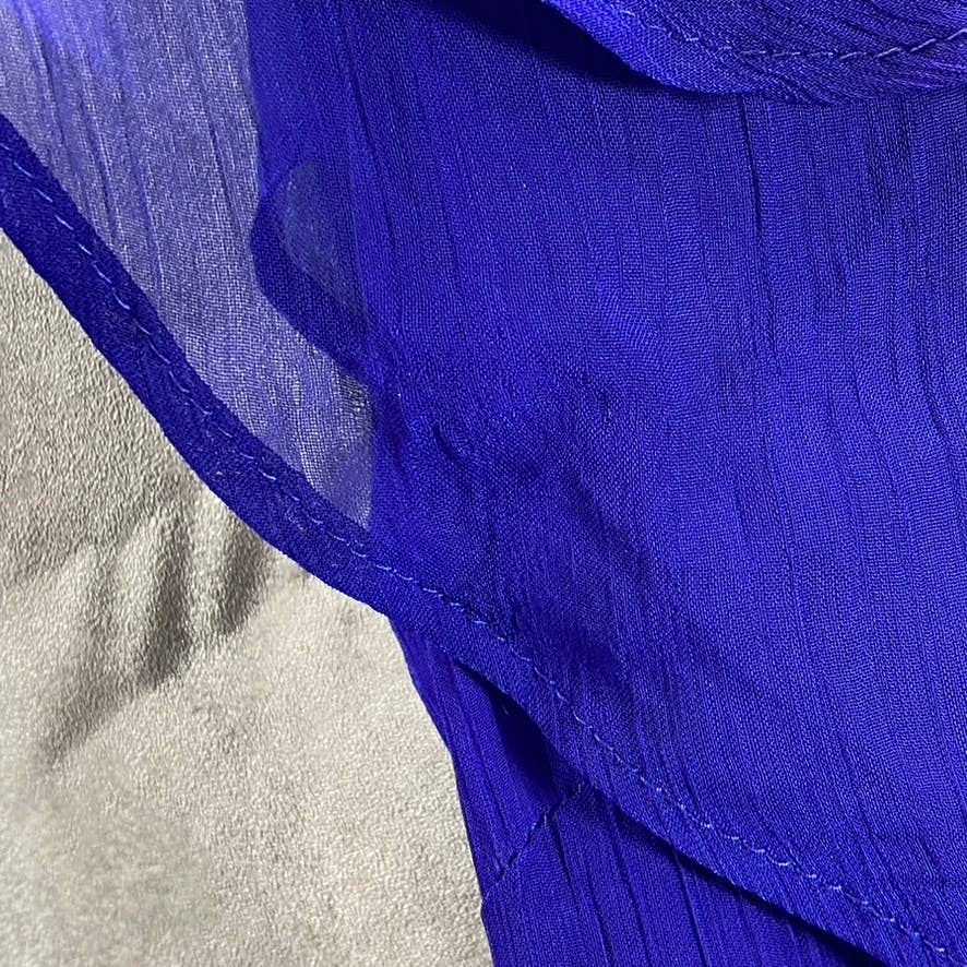 DKNY Women's Blue Ruffle Belted V-Neck Mesh Short-Sleeve Midi Dress SZ 2